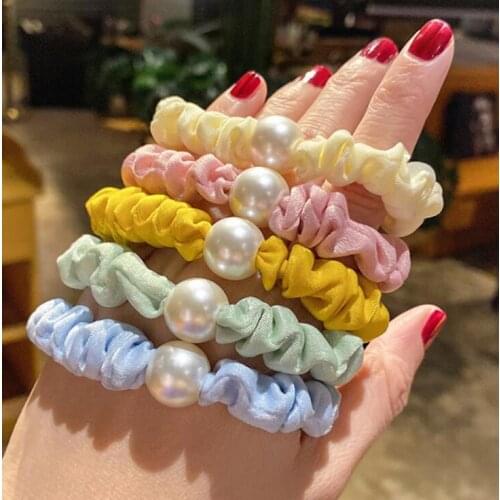 5 pcs/lot Ribbon Hair Scrunchie Elastic Hair Bands Solid Pearl Headband Ponytail Holder Hair Accessories Hair Ties For Women