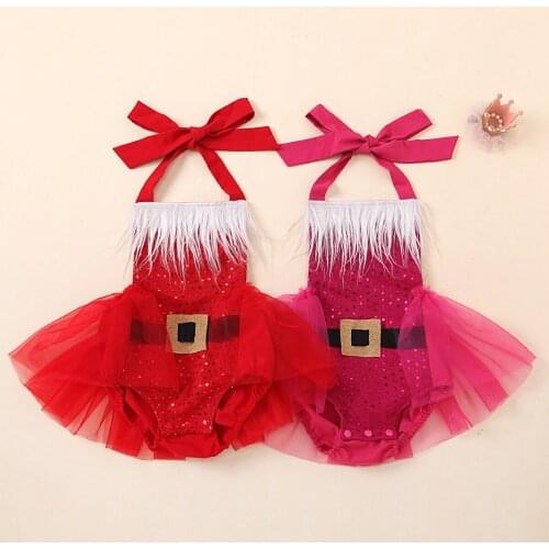 Christmas Babys Bodysuit, Sleeveless Neck Skirt Triangle Crotch Plush Chest with Belt Pattern for Summer
