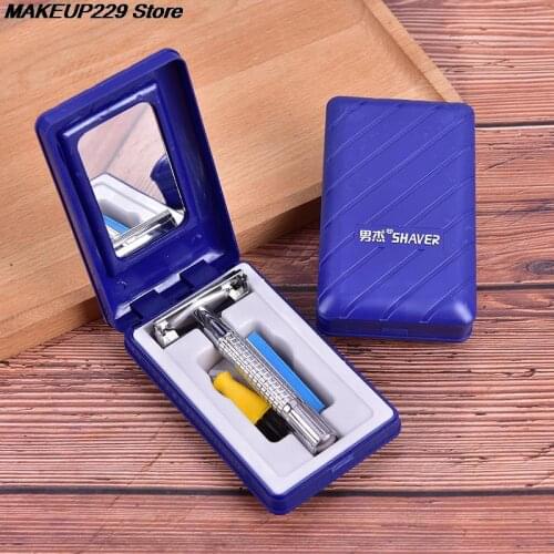 Manual Razor+ 1 Blade +1 Professional Travel Case Beard Hair Care Mens Traditional Double Edge Chrome Wet Shaving Safety Razor