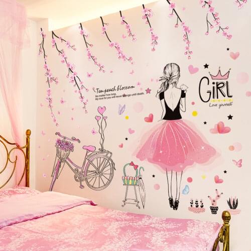 [shijuekongjian] Cartoon Girl Wall Stickers DIY Peach Flowers Bicycle Mural Decals for Kids Rooms Baby Bedroom House Decoration