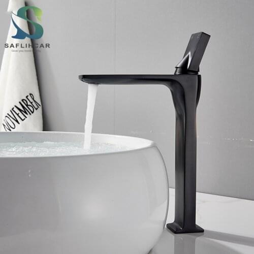 Black Hot & Cold Water Basin Faucet Deck Mounted Square Brass Bathroom Mixers Single Handle Faucets Matte Black Vanity Sink Tap