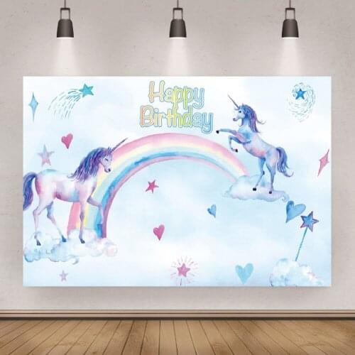 Studio Background Rainbow Fantasy Unicorn Blue Backdrop Portrait Photography Birthday Supply Vinyl Banner Decoration Props