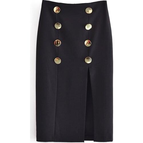 Za Women Office Lady Chic Black Midi Skirts Fashion 2021 Double Breasted Front Split Stretch Skirts Mujer Fladas
