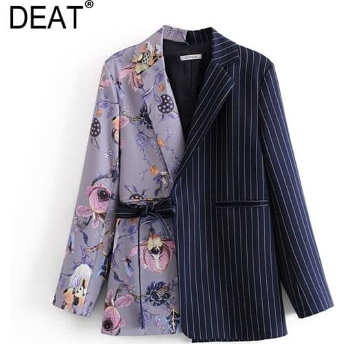[DEAT] Women Patchwork Printed Striped Blazer New Lapel Long Sleeve Loose Fit Jacket Fashion Tide Spring Autumn 2021 ZA3859