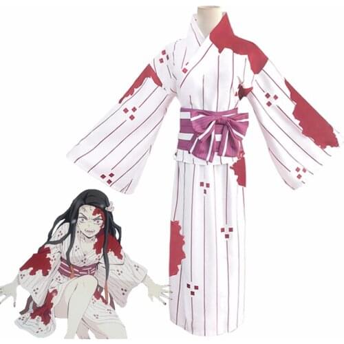 Anime Demon Slayer Kimetsu no Yaiba Kamado Nezuko Cosplay Costume Halloween Horror Blood Splatter White Kimono Women Fancy Dress