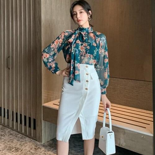 2020 2 Piece Set Print Long Sleeve Chiffon Shirt Tops and White Midi Wrap Skirts 2020 Elegant Office Lady Sexy Party Women Suit