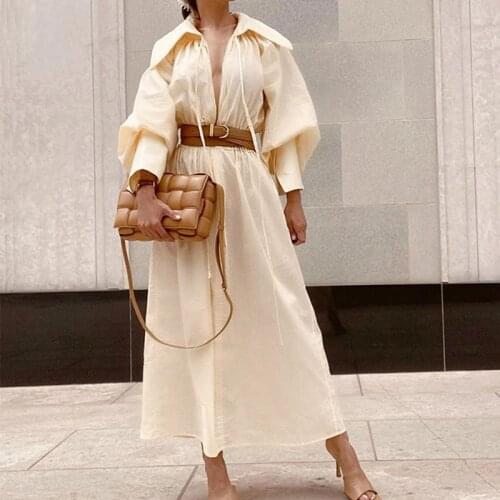 Yellow Long Maxi Dresses for Women Summer 2021 Elegant Lace-Up V Neck Lantern Sleeve Red Dress Sashes Holiday Beach Wear Vestido