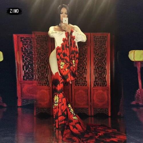 Elegant Red hanfu Long Dress Women print flower Chinese Style Dance nightclub Prom Birthday Party Dress Stage Costume performanc
