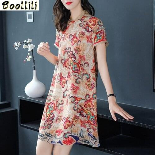 Boollili Real Silk Dress Women Summer Dress Korean Vintage Print Beach Dress Elegant Party Dresses Woman Vestidos Mujer