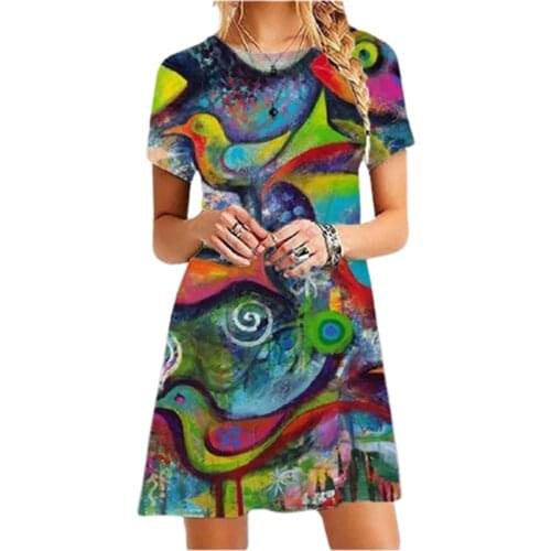 Women 2021 New Summer Dresses 3D Abstract Painting Print A-Line Mini Dress Ladies Short Sleeve O-Neck Casual Streetwear Clothes