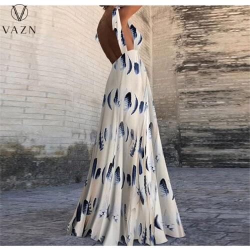 VAZN Spring and Summer 2021 Womens European and American Dress With Backless Print Big Swing Sleeveless Halter Dress