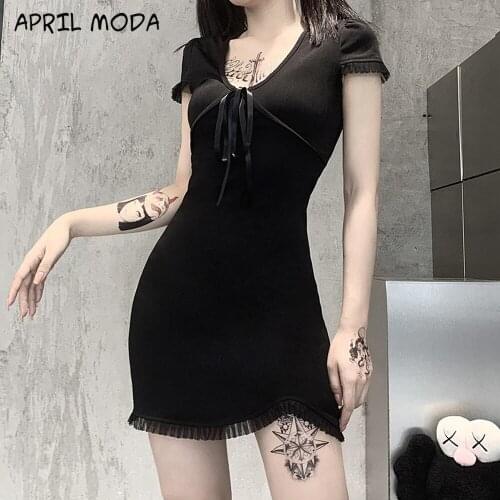 2020 New Fashion Women High Waist Lace Patchwork Bow O-Neck Dress Vintage Gothic Dress Summer Streetwear Night Club Punk Dresses