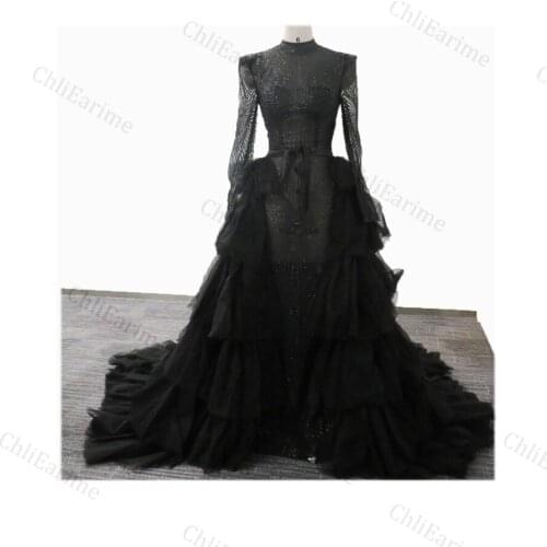 Ladies high class heavy industry sexy black diamond evening dress trailing two long skirts