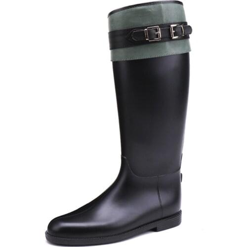 14-593 TONGPU Womens Zipper Closure Decorative Golden Buckle and Belt Black and Green Waterproof Eco-PVC Rain Boots