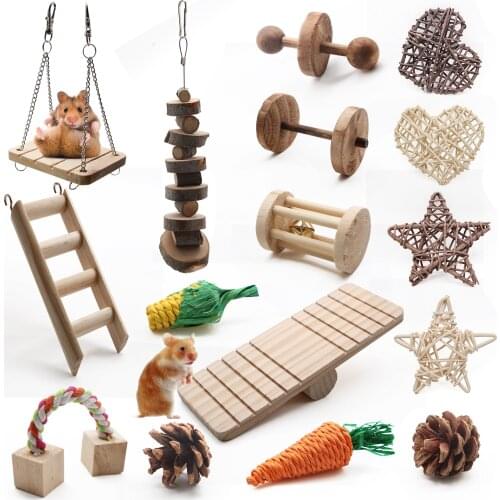 16Pcs Hamster Toys Rabbits Rats Teeth Care Chew Toy Kit Bite Dumbbell Exercise Bell Roller Toy Natural Wooden Chewing Toys