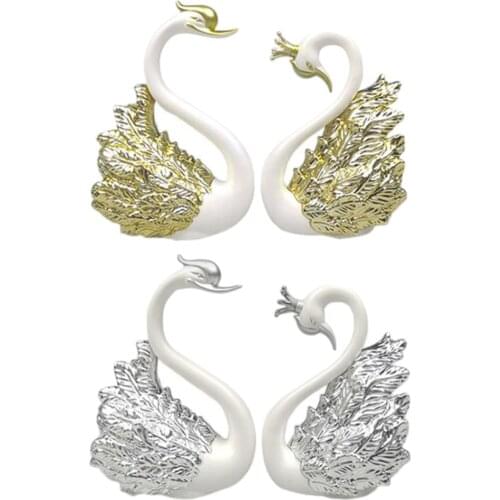 2pcs Wedding Cake Topper Pair Plastic Swan Couple Figurine Ornaments with Crown