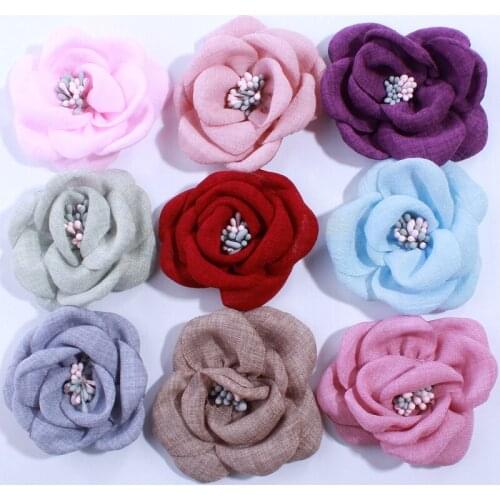 50PCS 5.5CM Gorgeous Burned Fabric Flowers For Hair Accessories Hemp Hair Flower With Tissue Stamen For Head Wear Dress