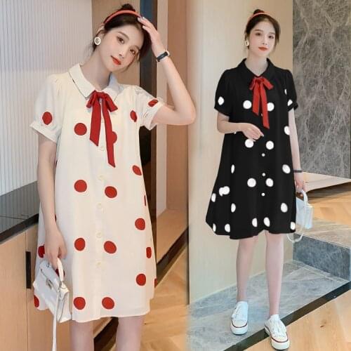 8950# Maternity Clothes Spring Autumn Short Sleeves Loose Polka Dot A Line Dress for Pregnant Women Mom Dress