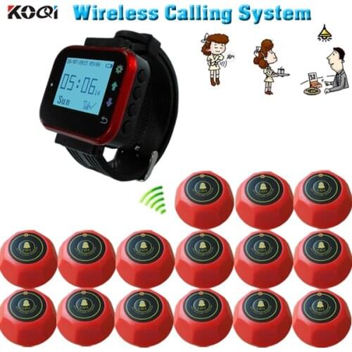 KOQI Wireless KTV Hospital Service Paging Calling System 15 Button Pagers and 1 Watch Receiver for Restaurant