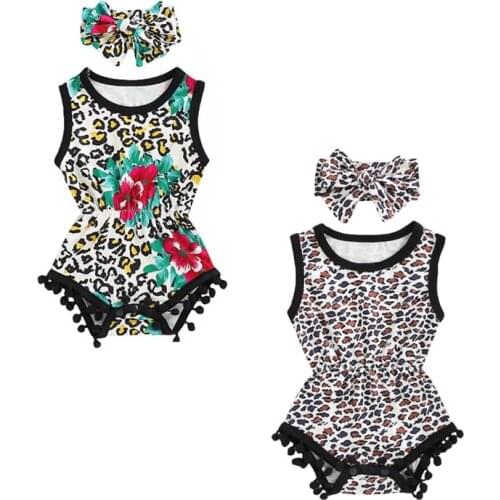 0-18M Newborn Baby Girl Bodysuits Clothes Sleeveless Tassel Leopard Flowers Print Jumpsuits+Headband Outfits