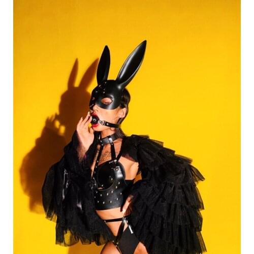 Black bunny men women dark rabbit mask sexy stage dancer wear Modern dance costume DJ party clothing