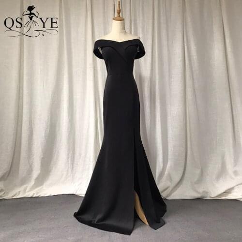 QSYYE Black Elastic Evening Dresses Mermaid Side Sleeves Formal Gown Off the Shoulder Crisscorss Fitted Prom Party Dresses