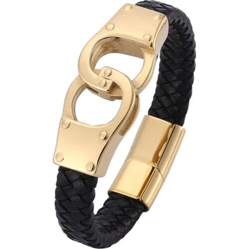 Black Genuine Leather Vintage Braided Cuff Bracelet Trendy Handcuffs Stainless Steel Men Bracelets Bangles Punk Jewelry PD0763
