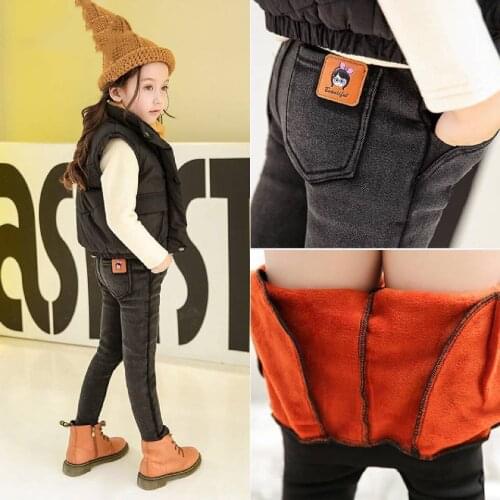 Children Girls Cartoon Pattern Jeans Trousers Winter Velvet Long Pants Kids Girl Denim Pant For 4 5 6 7 8 9 10 11 12 13 14 Age