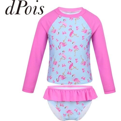 Kids Girls Tankini Swimsuit Long Sleeves Flamingo Printed Rashguard Swimwear Bathing Suit Set Tops with Ruffled Swim Bottoms