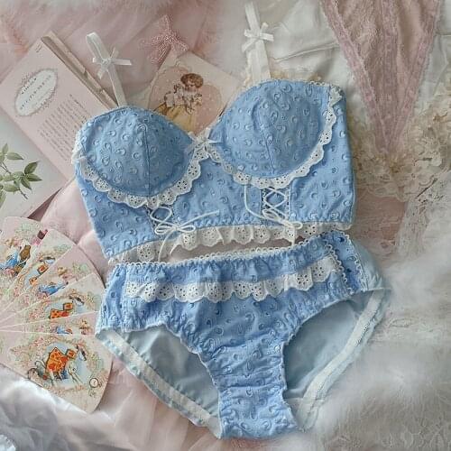 French Romantic Ethika Women Set Girl Sexy Lace Bra Sets Cotton Butterfly Lingerie Kawaii Cup Blue White Underwear Embroidery