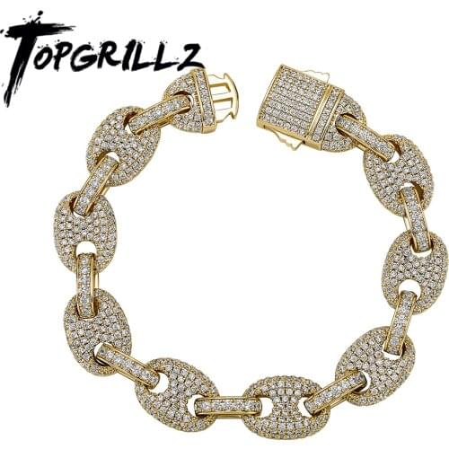 TOPGRILLZ 12MM Bracelet Solid Pig Nose Shape Punk Link Bracelet Iced Bling Cubic Zirconia Hip Hop Punk Jewelry For Mens Gift