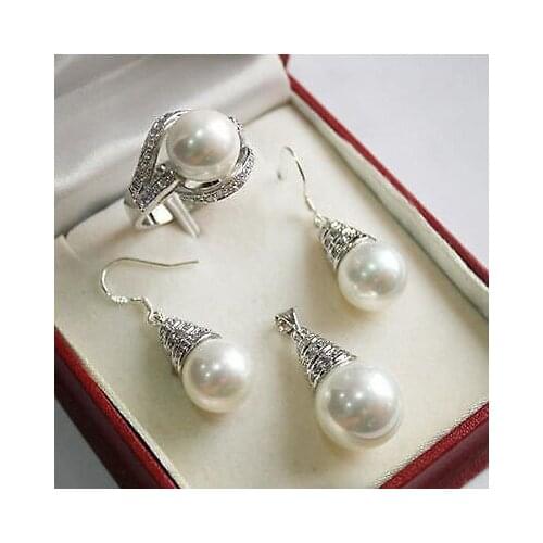 Beautiful 12mm White Shell Pearl Pendant Necklace Earrings rings set AAA K GP Plated gold Bridal wide watch wings queen JEWE