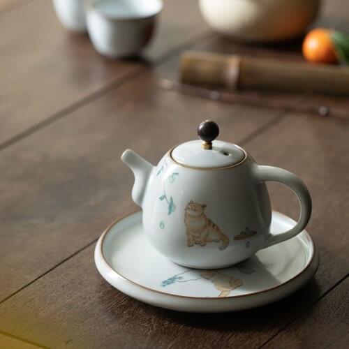Cat Yuebai Ru kiln tea set teapot can be raised ceramic household Kung Fu tea set Tea pot custom logo 280ml