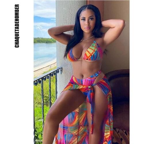 Printing Three-piece Swimsuit Women Sexy Backless Monokini Swimwear 2021 New Girl Push Up Beach Brazilian Bathing Suit Beachwear