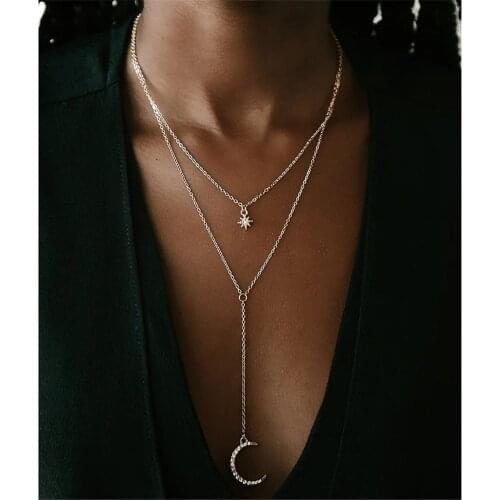 Fashion Female Gold Alloy Crystal Moon Sun Pendant Necklaces For Women 2021 New Gold Multilevel Necklace Jewelry Wholesale Gift