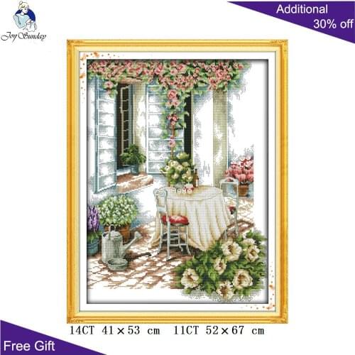 Joy Sunday Garden Courtyard Needlepoint F195(2) Counted Stamped Home Decor Summer Afternoon Embroidery DIY Cross Stitch Kit