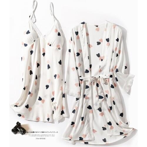 Summer New Women Nighty&robe Set Print 2pcs Sleepwear Casual V-neck Short Kimono Bath Gown Nightwear Silky Satin Nightdress