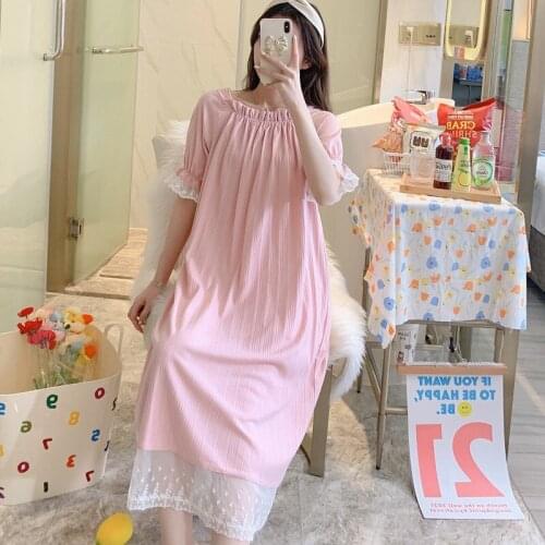 New Palace Nightdress Womens Short Sleeve Thin Korean Fashion Long Skirt Lace Nightgown Pit Strip Cotton Nightwear Sleepwear