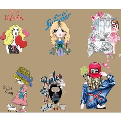 New Vinyl Heat Transfer Patch Beautiful Girl Iron On Transfers Patches For Clothes Thermal T-shirt Badge Washable DIY Applique
