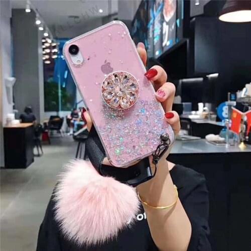 Luxury diamond cute hair ball lanyard bracket soft case for iphone 12Pro 11 Pro MAX 7 X XR XS 8 6S plus for samsung Note 10 S10