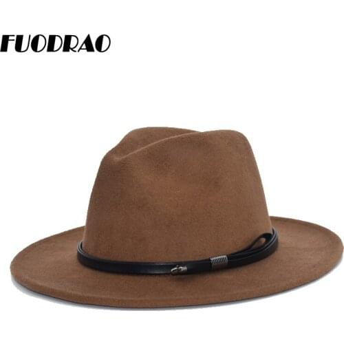 FUODRAO Fashion Classic Fedora Hats Women Wool Panama Belt Wide Brim Jazz Cap British Travel Cowboy Hat F57