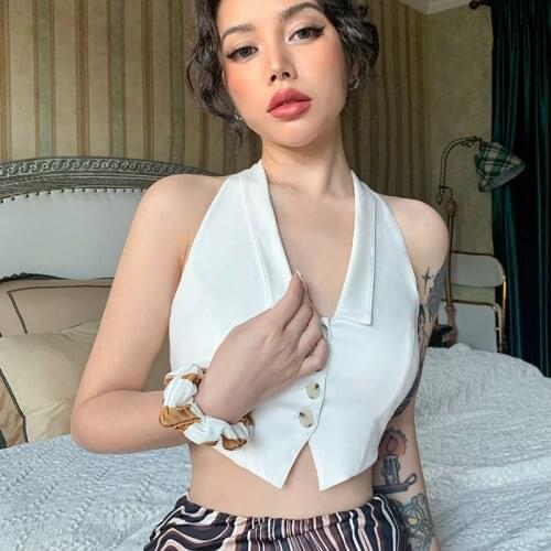 Halter Backless Lace Up Crop Top Summer Lady High Street Lapel Vest Solid Sleeveless V Neck Buttons Slim Tank Tops 2021