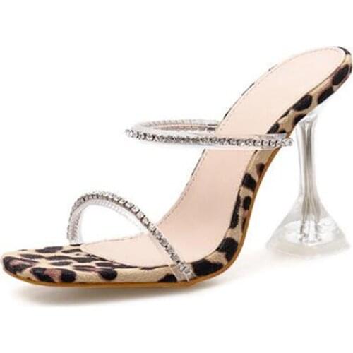 Women sandals PVC Slip On 11cm Thin Heels High heels Square Toe Bling Shallow women shoes sandalias mujer 2020 Leopard print