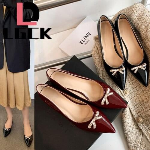 Plus Size 34-43 Low-heeled Pumps Women Patent Leather Shoes OL Office Shoes Pointed Toe Fashion Women Butterfly Adornment Pumps