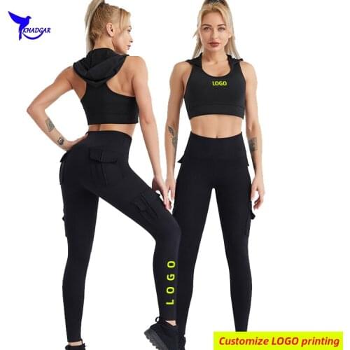 Women Hooded Sports Bra+Tights 2 Pcs Yoga Set Quick Dry Elastic Gym Fitness Crop Top+Pants Sports Suit Running Clothing Custom