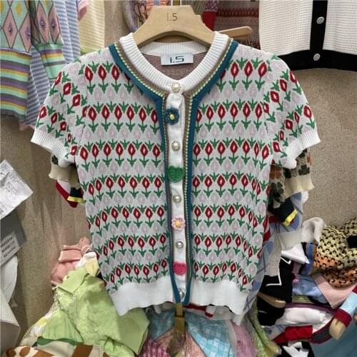 Korean Style Knitted Cardigan for Women 2021 Summer Runway Designer Sweet Flower Deco All-match Short-sleeved Printed Sweater