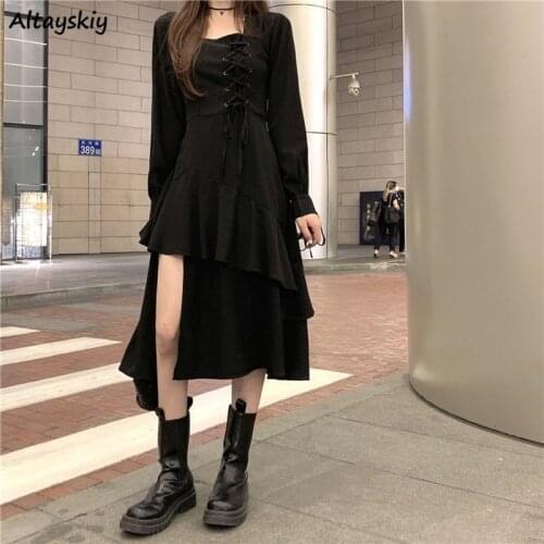 Solid Dresses Women Ruffle Lace-up Irregular Hem Slim Elegant Vestido Feminino Club Party Medieval Gothic Vintage Female Popular
