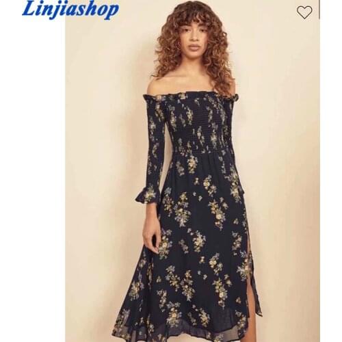 Women Vintage Floral Print Sexy Off Shoulder Dress Long Sleeve Sweet Ruffle Hem Slits A-line Midi Elegant Summer Dress