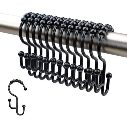 12 Shower Curtain Hooks - Black Finishing - Premium Stainless Steel - Ladder Height Double Hooks Easy Slide Rollers bathroom