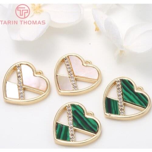 2PCS 13x15MM 16x16MM 24K Gold Color Brass with Zircon Heart TriangleCharm Pendants for DIY Jewelry Making Findings Accessories